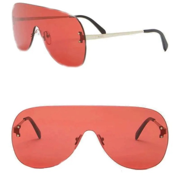 $370 Emilio Pucci Shield Sunglasses Silver Frame Red Lens Temple Logos Designer main image 14